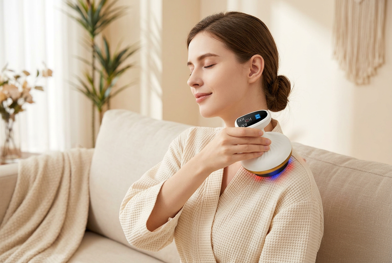 Woman using the VOZA ThermaGlide massager on her shoulder and neck