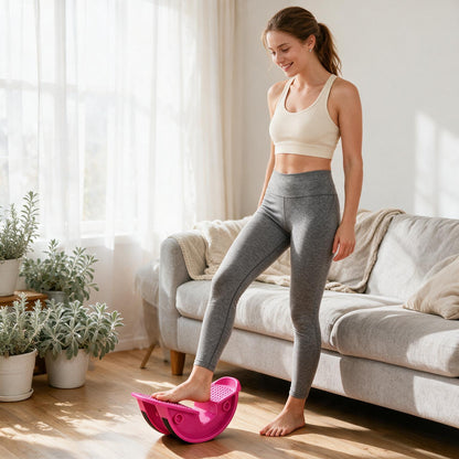 Woman standing beside a sofa with one foot on the compact VOZA KineticCurve foot rocker, other foot on the floor