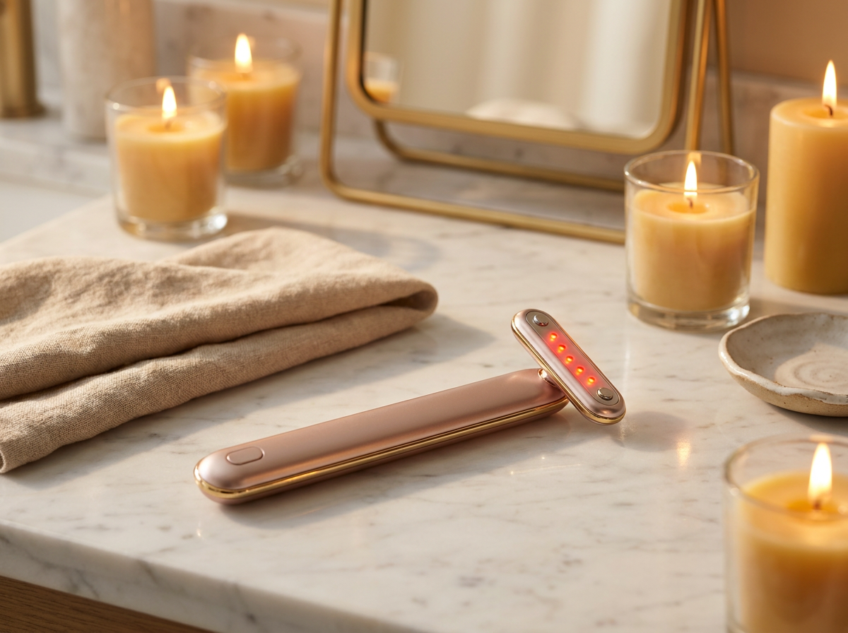 VOZA OcuRest rose-gold red-light wand glowing 660nm on a spa vanity