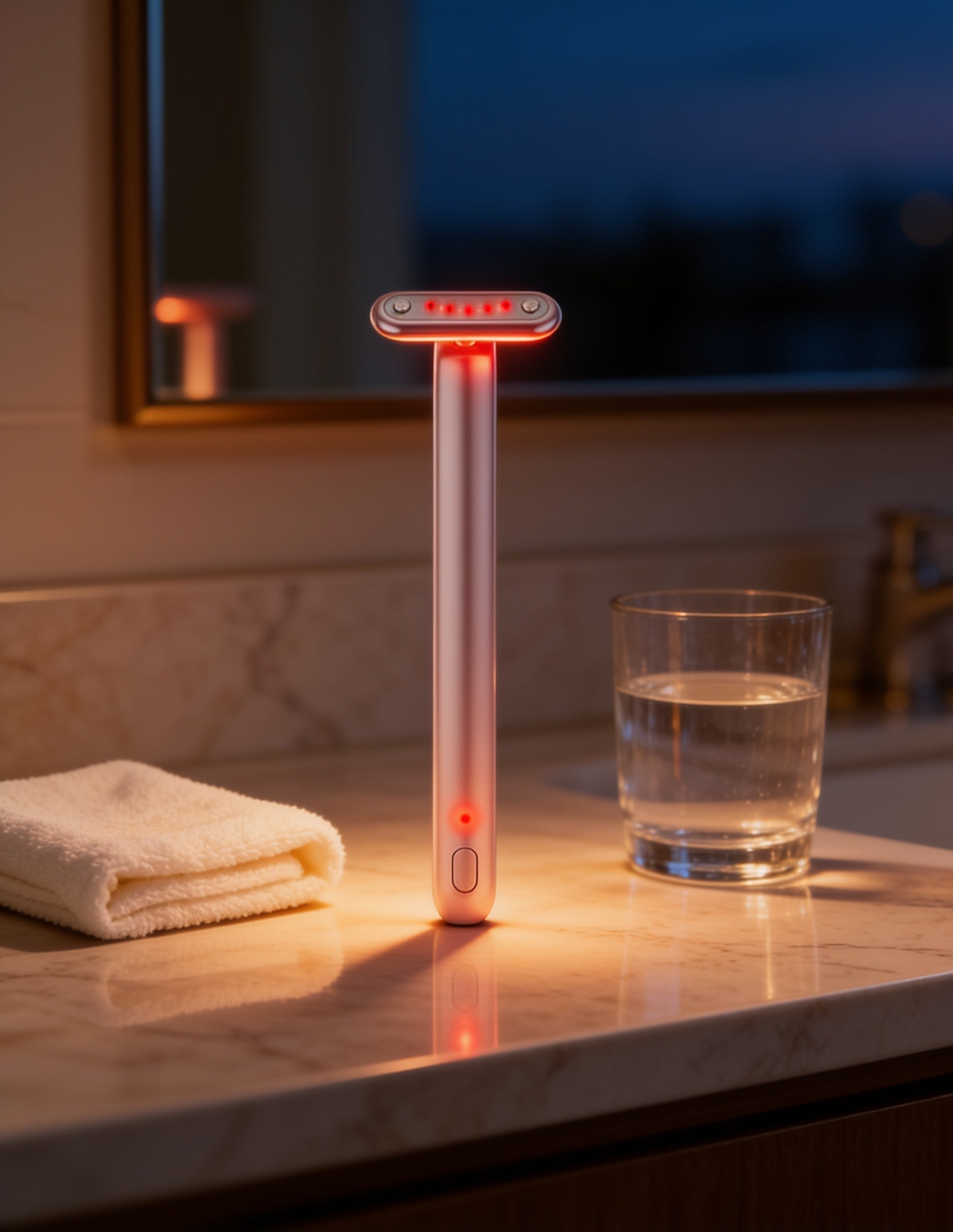 VOZA OcuRest wand on a vanity for an evening skincare ritual