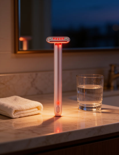 VOZA OcuRest wand on a vanity for an evening skincare ritual