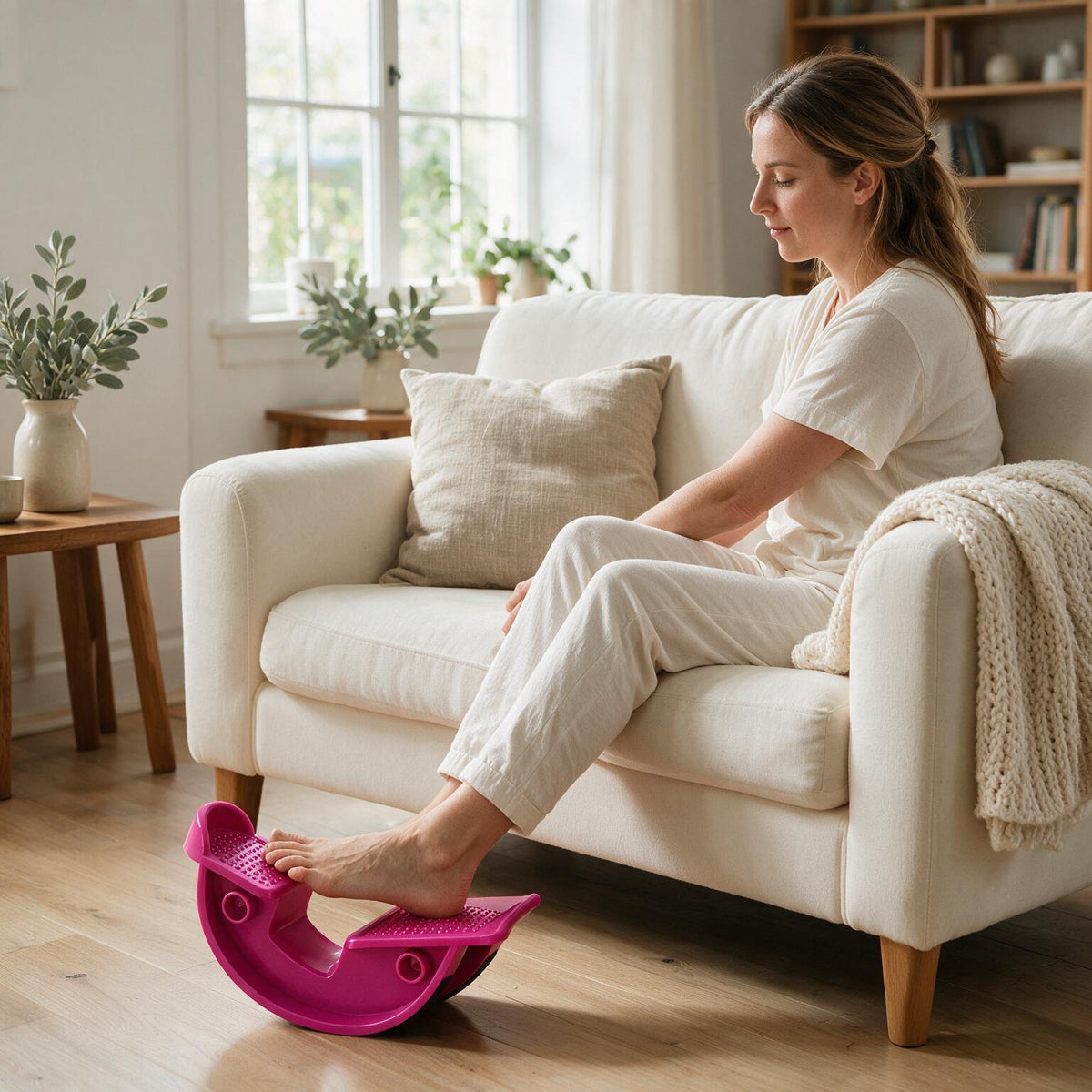 Woman seated in an armchair rocking one foot on the compact VOZA KineticCurve foot rocker