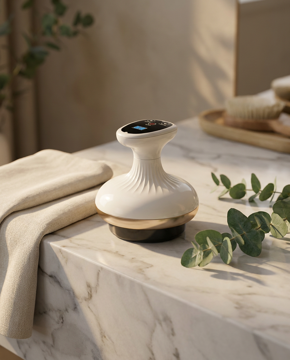 VOZA ThermaGlide massager on a marble vanity