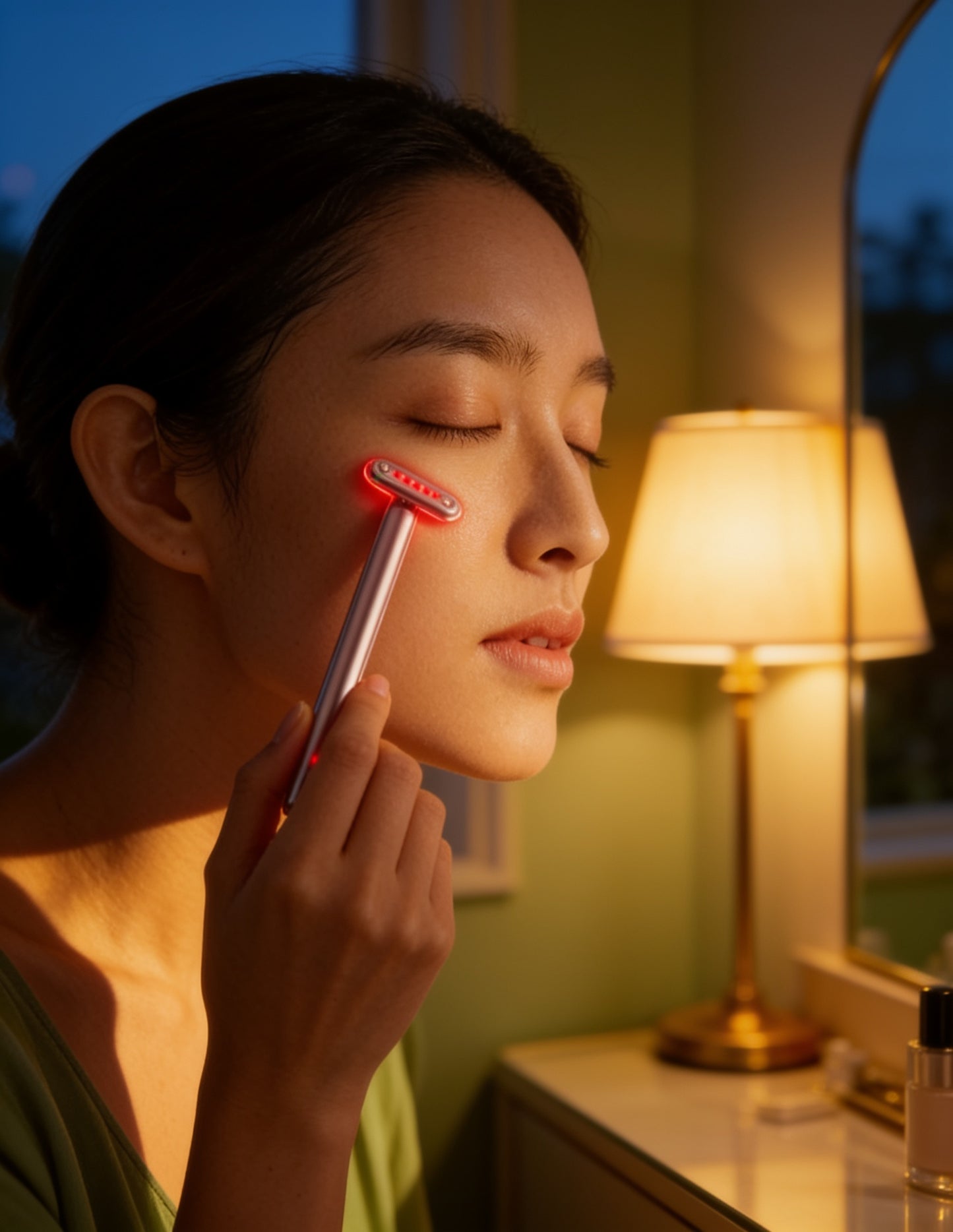 Woman using the VOZA OcuRest wand during an evening routine