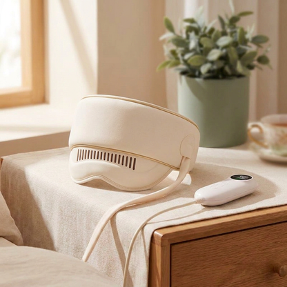 VOZA CerebroCalm compression head wrap on a bedside table