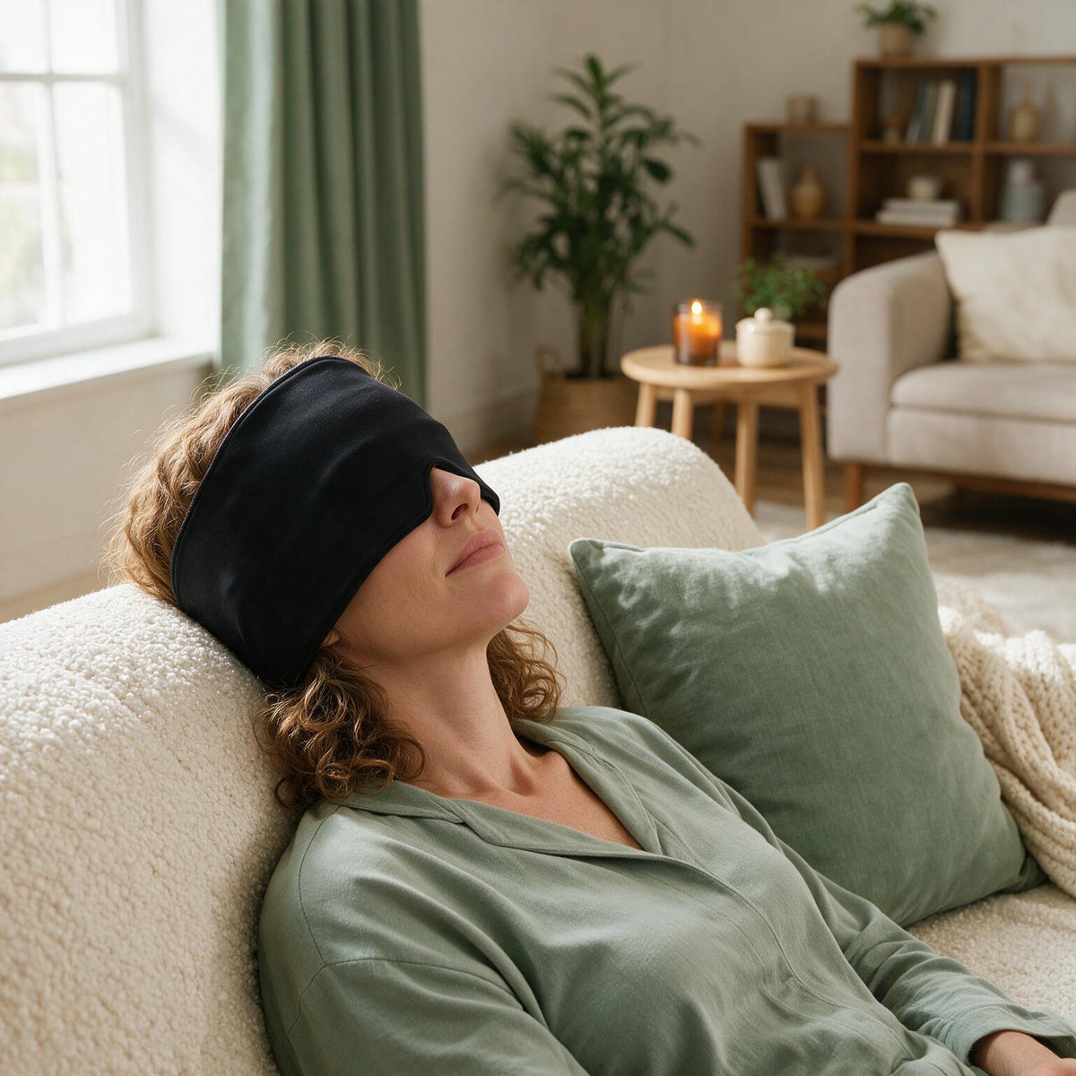 Woman relaxing on a sofa wearing the VOZA CryoForm wrap band over forehead and eyes, crown uncovered