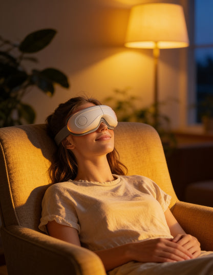 Woman relaxing while wearing the VOZA Apex Eye goggle