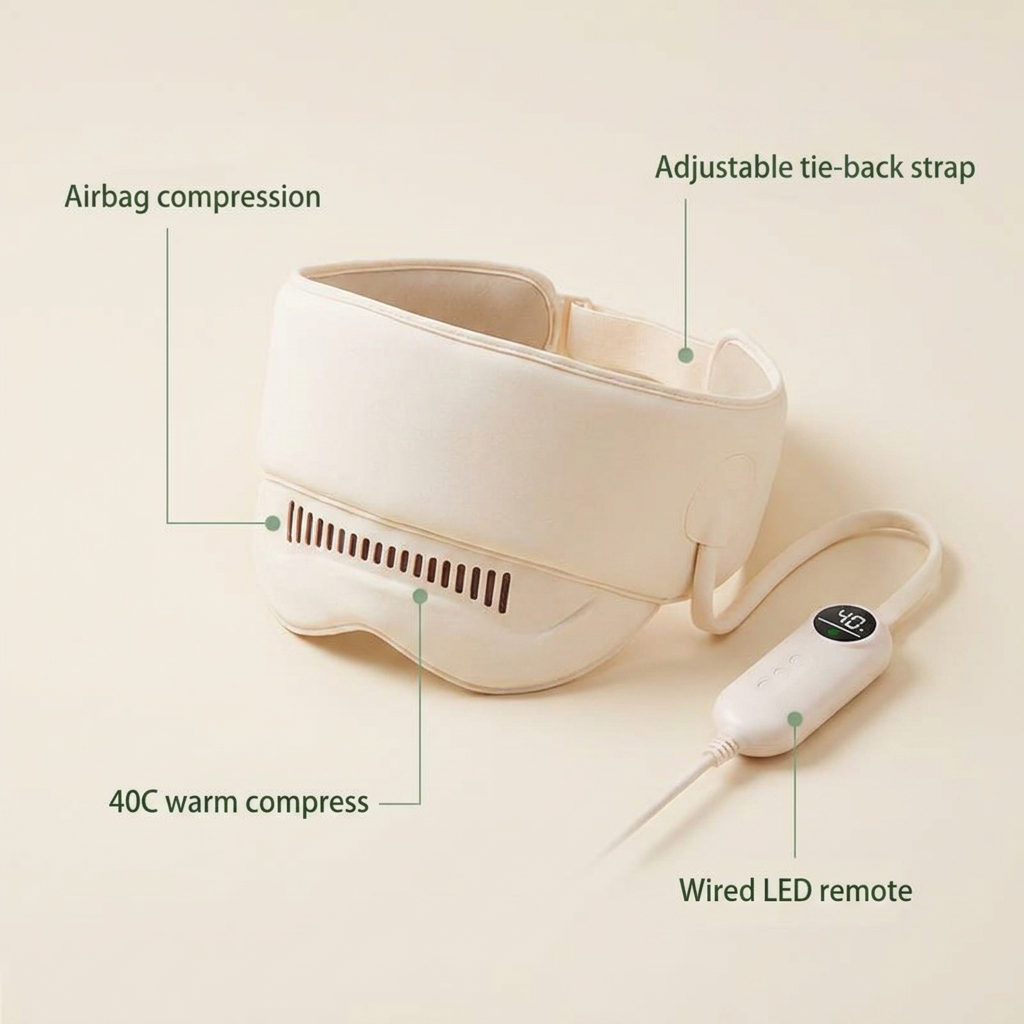 CerebroCalm airbag eye & forehead massager feature callouts — airbag compression, tie-back strap, 40C warm compress, wired LED remote — VOZA