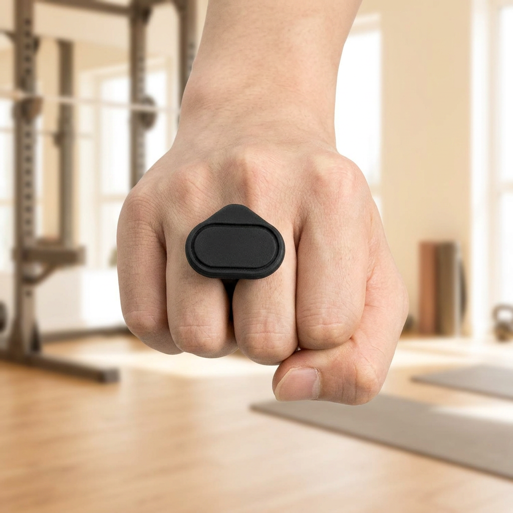 Back of a closed hand wearing the VOZA Kinetic Palm pad, oval pod anchored between knuckles