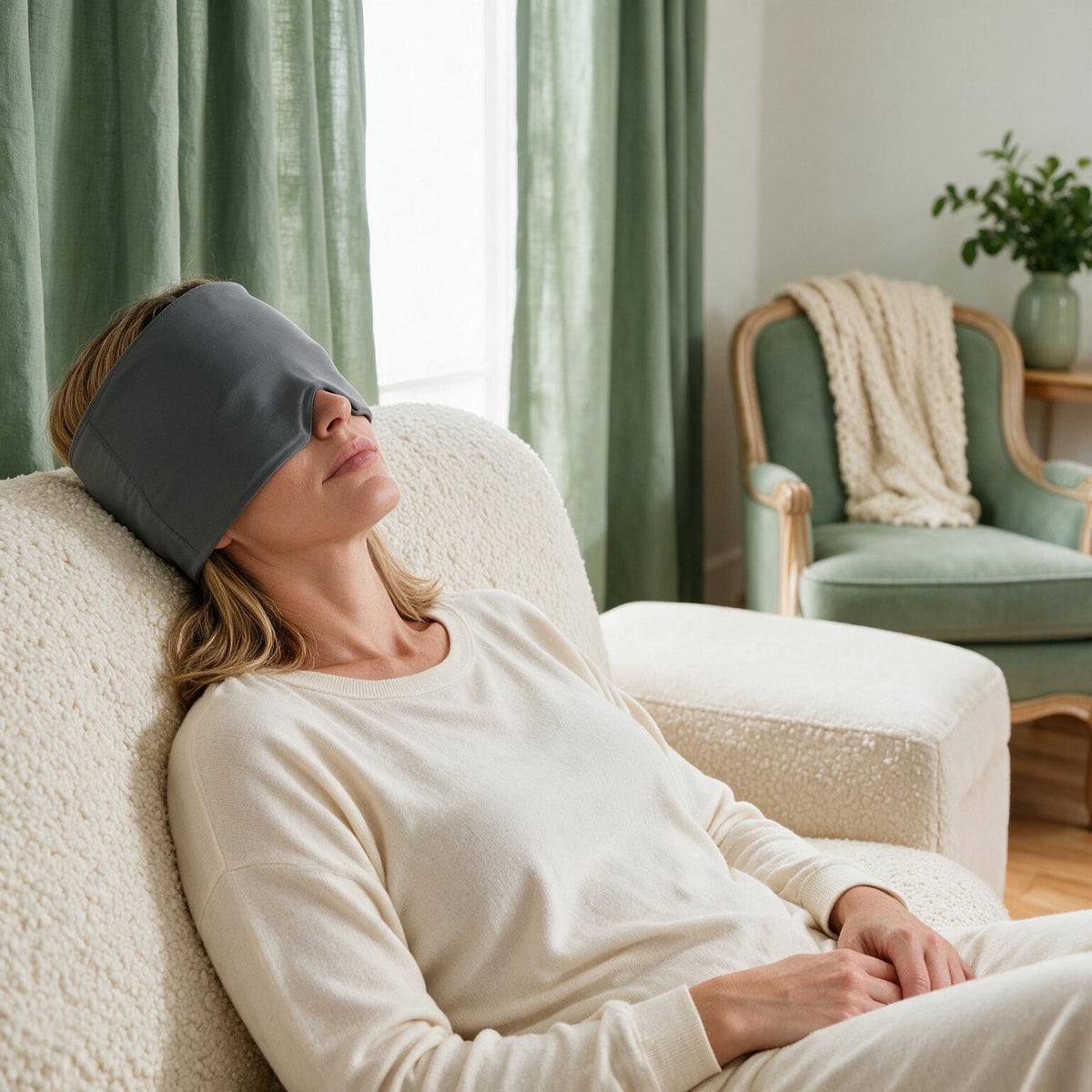 Woman resting on a sofa wearing the Slate Wave VOZA CryoForm wrap band, hair visible above the open crown