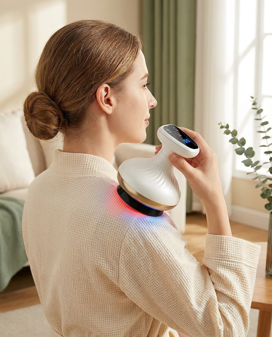 Woman using the VOZA ThermaGlide dome massager on her shoulder